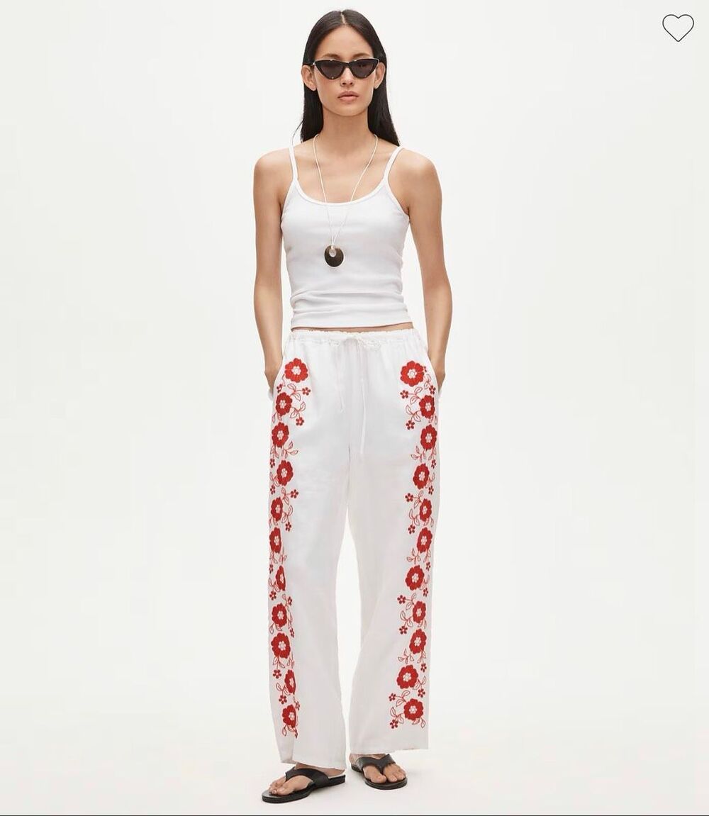J. Crew Soleil pant in embroidered linen White Dark Poppy NWT size Large Tall